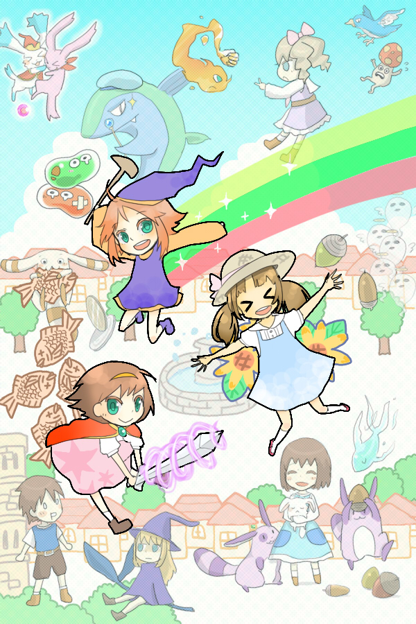 1boy, 6+girls, :d, acorn, ahoge, arche_plumfield, blonde_hair, blue_dress, bow, brooch, brown_hair, bush, cape, chibi, closed_mouth, cloud, dress, flower, food, fortune_summoners, fushigi_na_mori_no_pokora, fuwaru, green_eyes, hair_bow, hat, jewelry, long_hair, long_sleeves, mahou_minarai_fuwaru_no_bouken, medium_hair, multiple_girls, natsumi_(fushigi_na_mori_no_pokora), open_mouth, orange_hair, pink_bow, pink_dress, purple_dress, purple_headwear, rainbow, red_cape, shirt, short_hair, short_sleeves, sitting, sky, slime_(creature), smile, socks, standing, stella_mayberk, straw_hat, sunflower, sword, taiyaki, twintails, wagashi, wand, weapon, white_shirt, white_socks