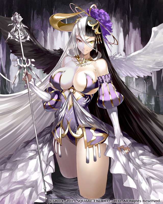 1girl, black_hair, black_wings, breasts, cleavage, colored_skin, detached_sleeves, female_focus, hair_ornament, halo, hell_(lost_crusade), heterochromia, horns, jewelry, large_breasts, long_hair, looking_at_viewer, lost_crusade, multicolored_hair, multicolored_skin, necklace, official_art, original, red_eyes, silver_(atelier-tengu), single_horn, smile, solo, split-color_hair, split_theme, staff, two-tone_hair, two-tone_skin, very_long_hair, wading, white_hair, white_wings, wings, yellow_eyes