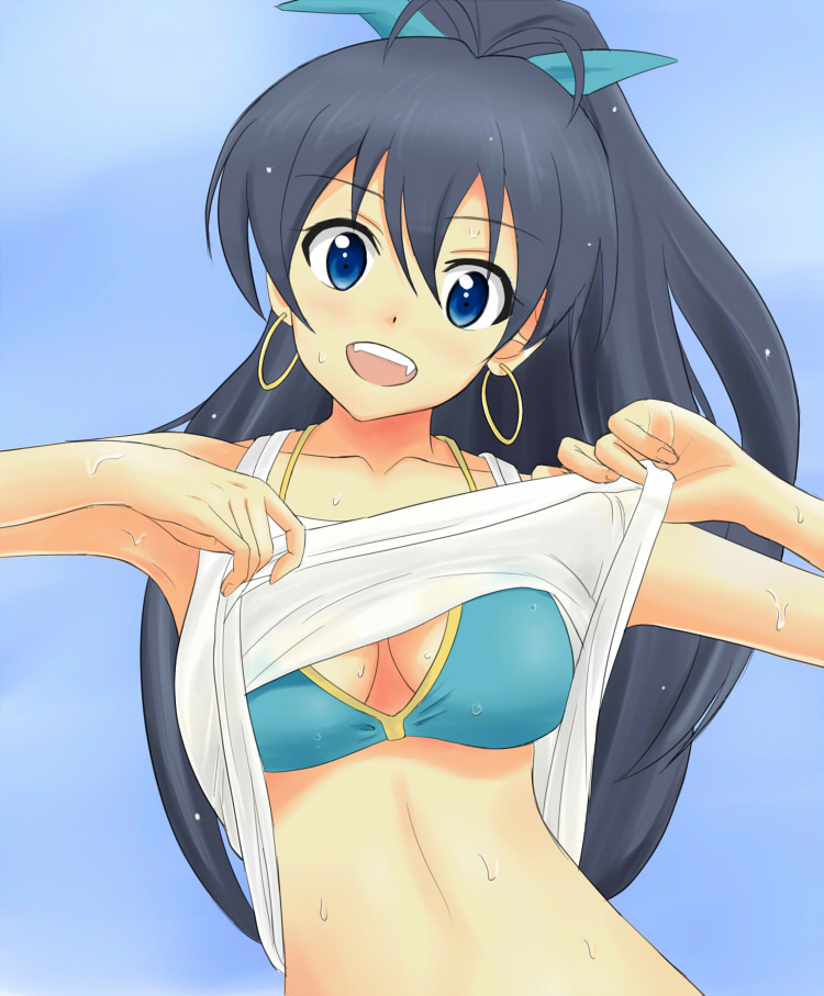 1girl, bikini, bikini_under_clothes, black_hair, blue_eyes, blush, breasts, cleavage