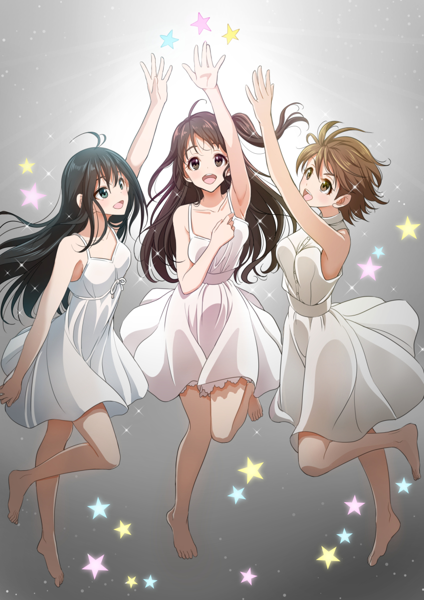 10s, 3girls, barefoot, brown_eyes, brown_hair, dress, green_eyes, highres, honda_mio, idolmaster, idolmaster_cinderella_girls, long_hair, multiple_girls, one_side_up, open_mouth, outstretched_arms, shibuya_rin, shimamura_uzuki, shine!!, short_hair, smile, star_(symbol), youshuu