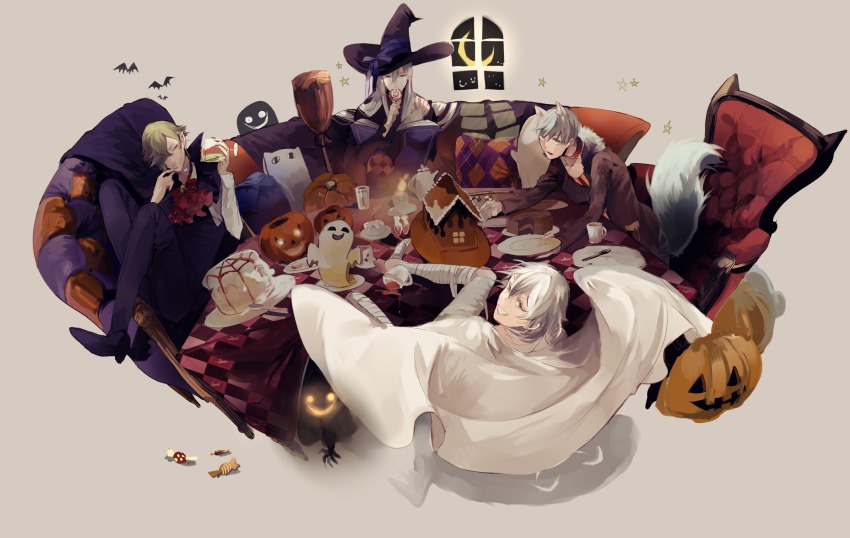 10s, 4boys, animal_ears, armchair, bandages, bat_(animal), blue_eyes, blue_hair