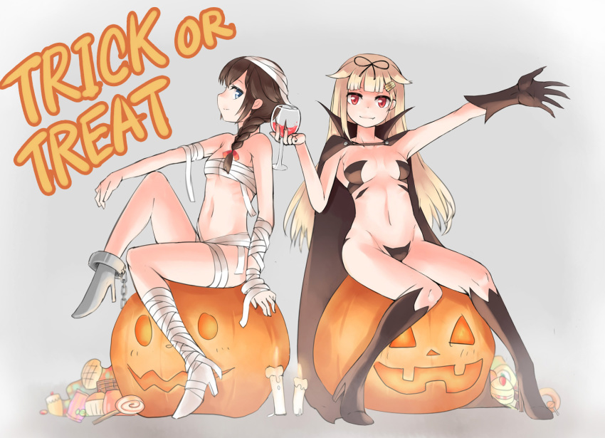 2girls, asymmetrical_footwear, bandages, black_gloves, blonde_hair, boots, braid, breasts