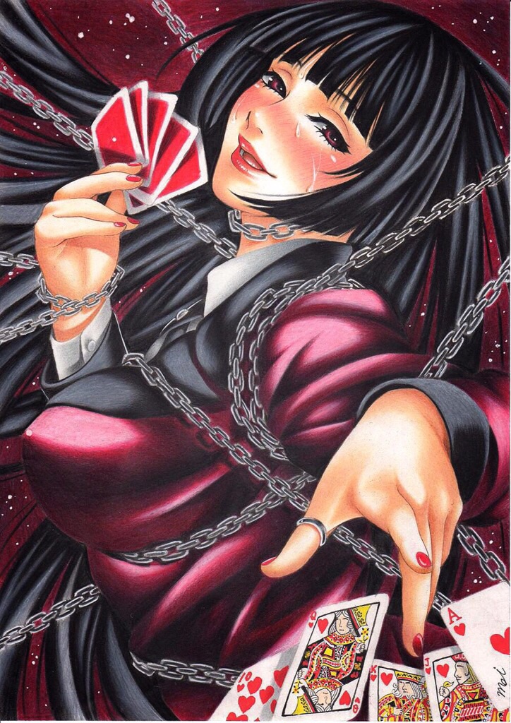 10s, 1girl, ace_(playing_card), ace_of_hearts, arched_back, bad_id, bad_pixiv_id, black_hair, black_ribbon, blunt_bangs, blush, card, chain, colored_pencil_(medium), eyelashes, female_focus, fingernails, formal_clothes, from_side, heart, holding, holding_card, jabami_yumeko, jack_(playing_card), jack_of_hearts, kakegurui, king_(playing_card), king_of_hearts_(playing_card), lips, long_hair, looking_at_viewer, maitamu, nail_polish, open_collar, open_mouth, playing_card, queen_(playing_card), queen_of_hearts_(playing_card), red_background, red_eyes, red_nails, red_suit, ribbon, royal_flush, shibari, signature, solo, suit, sweat, thumb_ring, traditional_media, very_long_hair