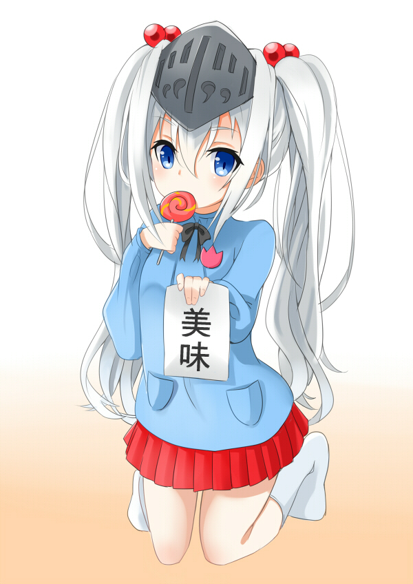 10s, 1girl, alternate_costume, alternate_hairstyle, blue_eyes, candy, eucliwood_hellscythe, female_focus, food, food_in_mouth, gradient_background, hair_bobbles, hair_ornament, kiichi_(picchi0112), kindergarten_uniform, kore_wa_zombie_desu_ka?, lollipop, long_hair, looking_at_viewer, pleated_skirt, red_skirt, skirt, solo, twintails, visor_(armor), white_hair