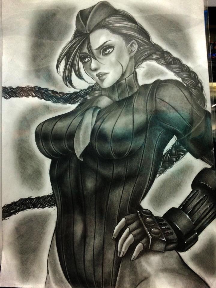 1girl, ascot, bad_id, bad_pixiv_id, braid, breasts, cammy_white, cowboy_shot