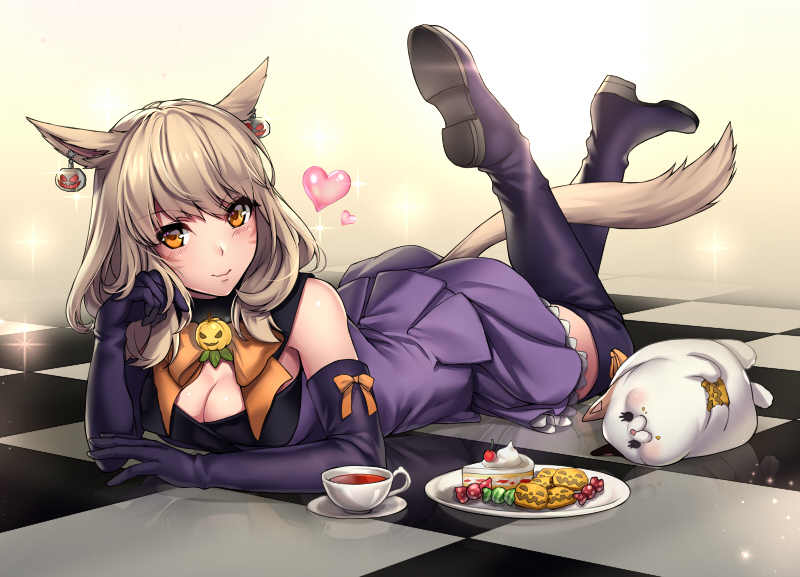 10s, 1girl, animal, animal_ears, aruma_jiki, blush, boots, breasts, brown_hair, cake, candy, cat, cleavage, collar, cookie, cup, earrings, elbow_gloves, fat_cat_(ff14), female_focus, final_fantasy, final_fantasy_xiv, food, gloves, heart, jewelry, looking_at_viewer, lying, miqo'te, on_stomach, orange_eyes, plate, purple_boots, purple_thighhighs, rabbit, saucer, skirt, smile, solo, tail, tea, teacup, thigh_boots, thighhighs, warrior_of_light_(ff14)