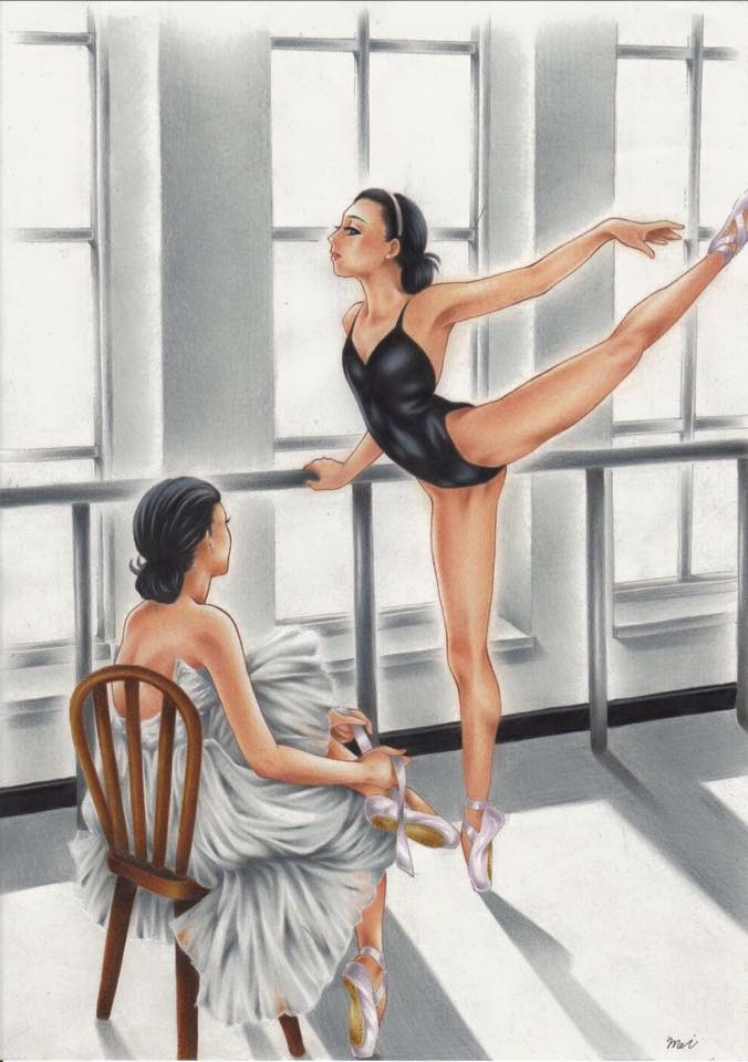 2girls, accurate_ballet, bad_id, bad_pixiv_id, ballerina, ballet, ballet_class_clothes, ballet_slippers, barre, black_hair, chair, colored_pencil_(medium), dress, earrings, hair_bun, hairband, jewelry, legs, leotard, lips, maitamu, missing_legwear, multiple_girls, original, shadow, shoes, signature, single_hair_bun, sitting, standing, standing_on_one_leg, traditional_media, tying_shoes, window_shadow, windowsill