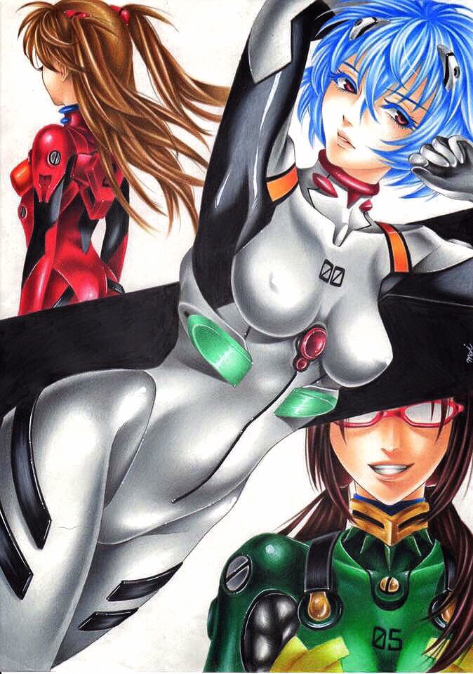 3girls, arm_behind_head, armpits, arms_up, ass, ayanami_rei, bad_id, bad_pixiv_id, blue_hair, bodysuit, breasts, brown_hair, clenched_hand, colored_eyelashes, colored_pencil_(medium), covered_erect_nipples, dutch_angle, eyelashes, floating_hair, from_side, glasses, gloves, grin, hair_between_eyes, impossible_bodysuit, impossible_clothes, interface_headset_(evangelion), lips, long_hair, looking_at_viewer, low_ponytail, low_twintails, maitamu, makinami_mari_illustrious, mecha_pilot_suit, multiple_girls, neon_genesis_evangelion, opaque_glasses, orange_hair, parted_lips, plugsuit_(evangelion), ponytail, purple_eyes, purple_hair, rebuild_of_evangelion, red-framed_eyewear, red_eyes, short_hair, signature, simple_background, skin_tight, small_breasts, smile, solo_focus, souryuu_asuka_langley, thighs, traditional_media, turtleneck, twintails, two_side_up, white_background