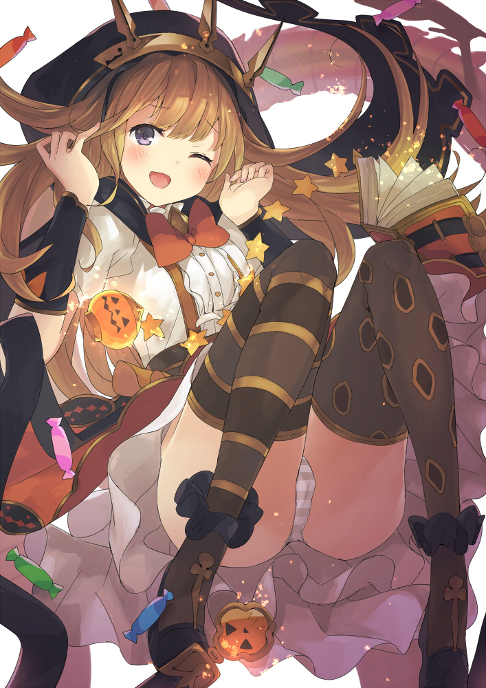10s, 1girl, ;d, a_(nanananaaannaa), a_(pixiv5709662), bad_id, bad_pixiv_id, black_thighhighs, blonde_hair, blush, book, bow, cagliostro_(granblue_fantasy), cagliostro_(halloween)_(granblue_fantasy), candy, female_focus, food, granblue_fantasy, hairband, halloween, hood, jack-o'-lantern, long_hair, one_eye_closed, open_book, open_mouth, orange_bow, panties, pantyshot, pumpkin, purple_eyes, skirt, smile, solo, standing, star_(symbol), striped_clothes, striped_panties, thighhighs, underwear