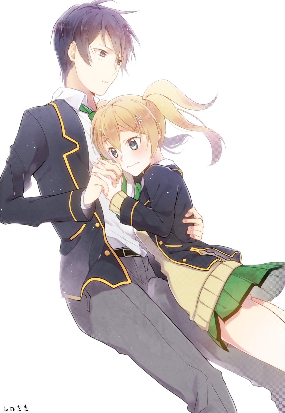 10s, 1boy, 1girl, belt, black_hair, blonde_hair, blue_eyes, breasts