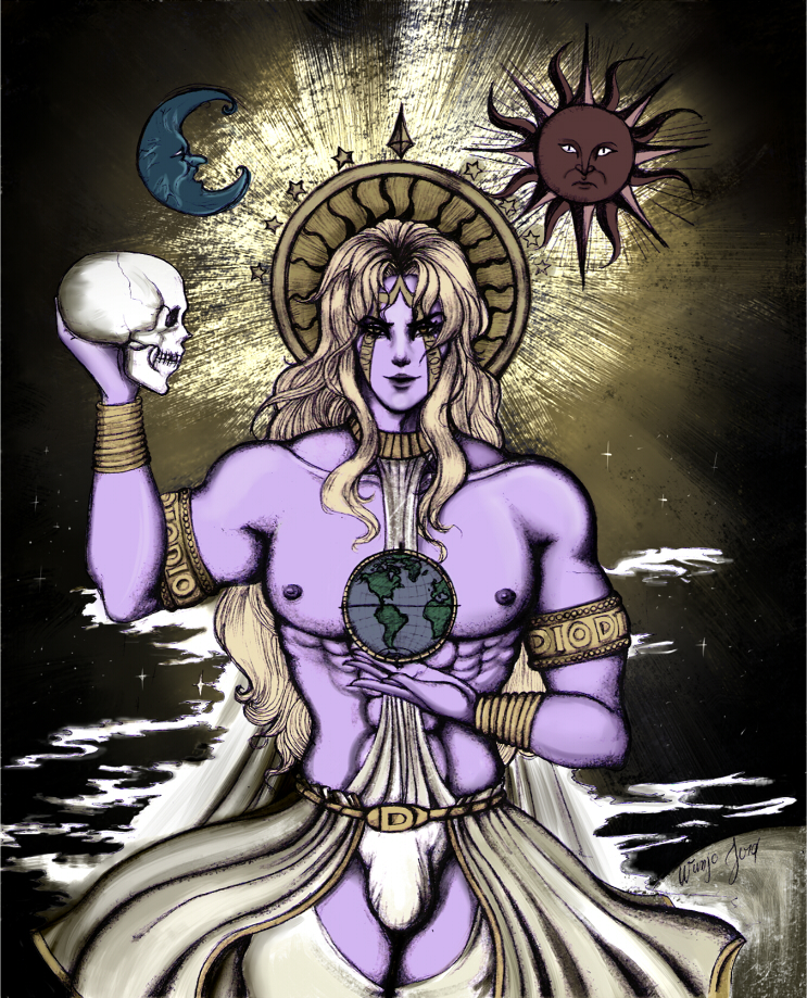 1boy, abs, armband, blonde_hair, collar, colored_skin, cowboy_shot, crescent_moon