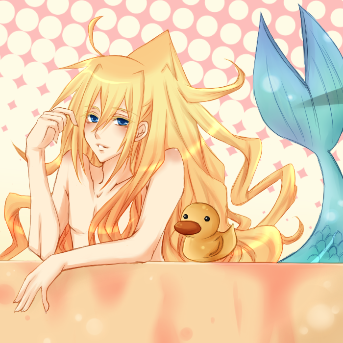 1boy, ahoge, artist_request, bathtub, blonde_hair, blue_eyes, long_hair, male_focus