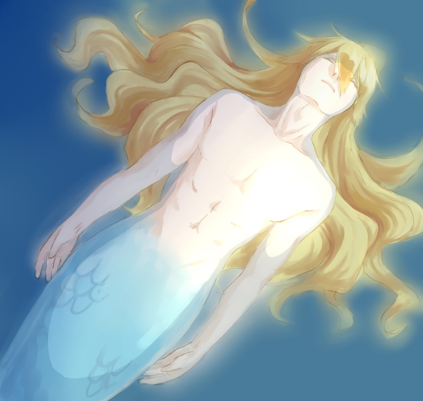1boy, artist_request, blonde_hair, highres, long_hair, male_focus, merfolk, merman