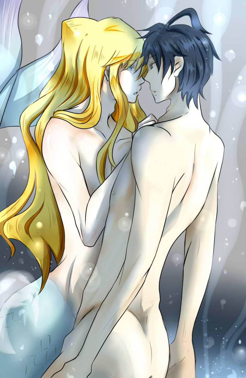 2boys, artist_request, black_hair, blonde_hair, highres, long_hair, male_focus, merfolk, merman, monster_boy, multiple_boys, orenchi_no_furo_jijou, short_hair, tatsumi_(orenchi_no_furo_jijou), underwater, wakasa, water, yaoi