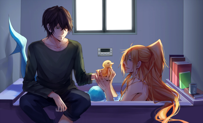 2boys, ahoge, bathtub, black_hair, blonde_hair, cup, long_hair, male_focus, mermaid, merman, monster_boy, monster_girl, mug, multiple_boys, orenchi_no_furo_jijou, ponytail, rubber_duck, short_hair, tatsumi_(orenchi_no_furo_jijou), topless_male, wakasa, water, yaoi, zhong1234