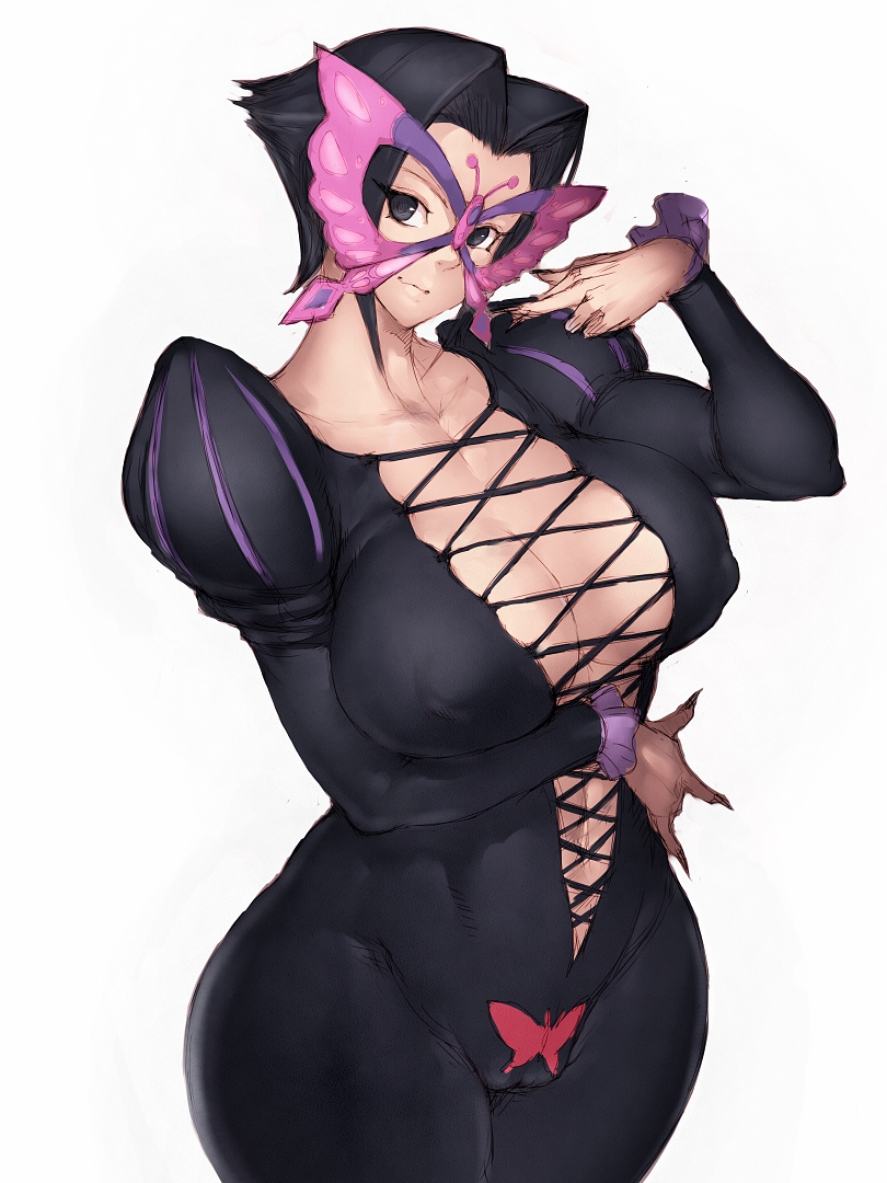 00s, 1girl, animal_print, black_eyes, black_hair, bodysuit, breasts, bug, busou_renkin, butterfly, butterfly_mask, butterfly_print, cameltoe, cleavage, covered_erect_nipples, cowboy_shot, cross-laced_clothes, curvy, female_focus, finger_to_face, fingernails, flipped_hair, fumio_(rsqkr), genderswap, genderswap_(mtf), hair_intakes, hand_on_own_hip, head_tilt, hip_focus, huge_breasts, insect, light_smile, long_fingernails, looking_at_viewer, mask, no_bra, papillon, puffy_sleeves, short_hair, sidelocks, simple_background, sketch, smile, solo, thighs, white_background, wide_hips