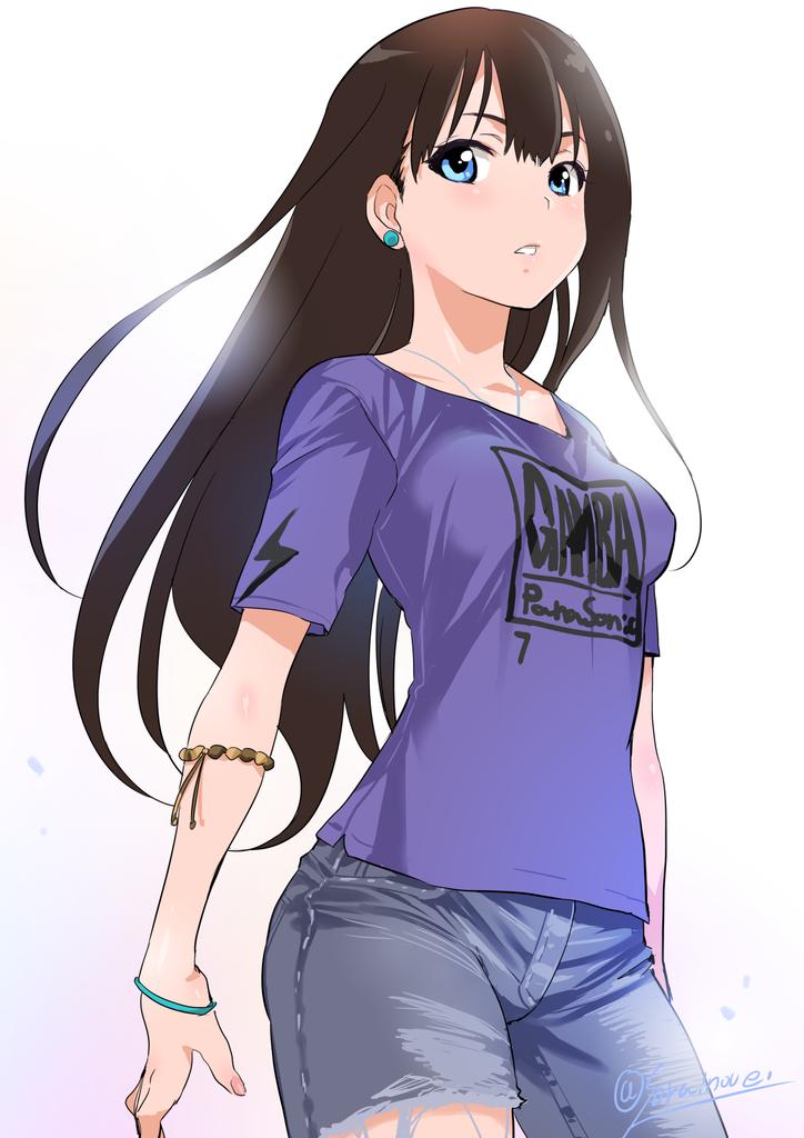 10s, 1girl, asymmetrical_clothes, blue_eyes, blush, bracelet, brown_hair, casual, clothes_writing, denim, earrings, female_focus, gamba_osaka, idolmaster, idolmaster_cinderella_girls, inoue_sora, j._league, jeans, jewelry, long_hair, looking_at_viewer, pants, shibuya_rin, soccer_uniform, solo, sportswear, torn_clothes, torn_jeans, torn_pants, twitter_username