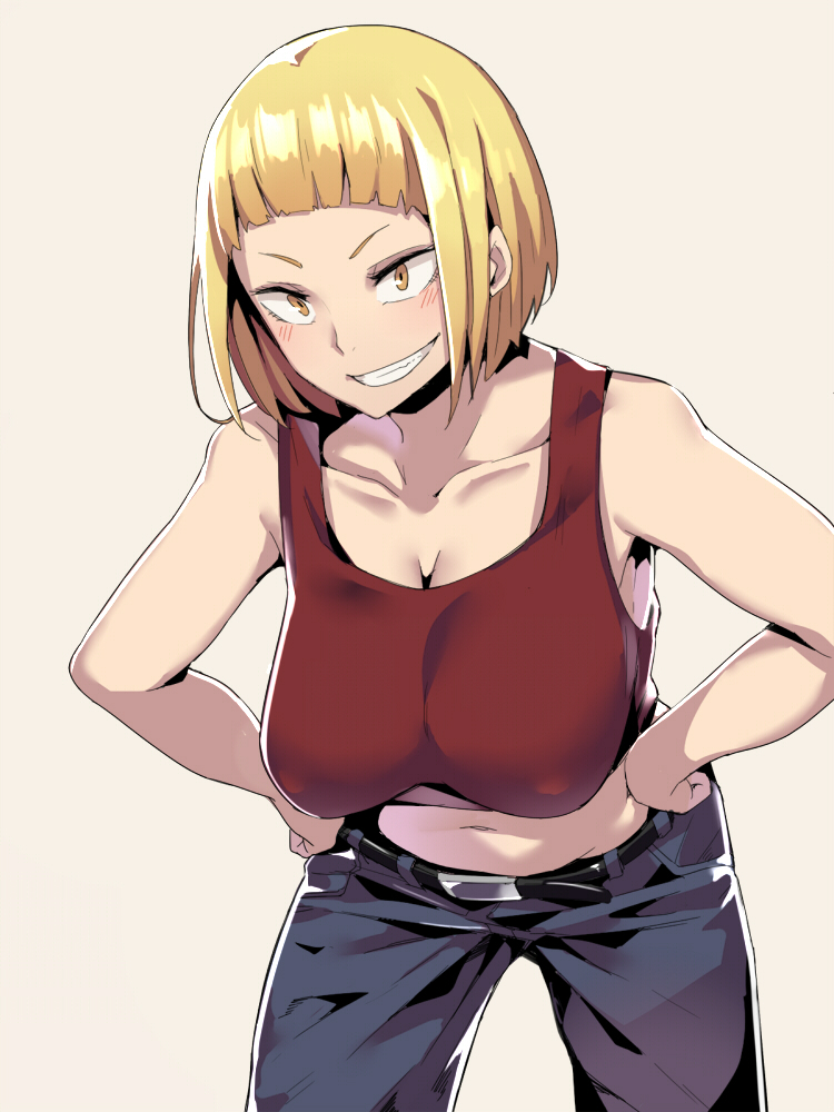 10s, 1girl, blonde_hair, blouse, blunt_bangs, bob_cut, breasts, brown_eyes, cleavage, female_focus, grin, haikyuu!!, hands_on_own_hips, hanging_breasts, large_breasts, midriff, no_bra, red_shirt, shirt, short_hair, smile, solo, tanaka_saeko_(haikyuu!!), yumoteliuce