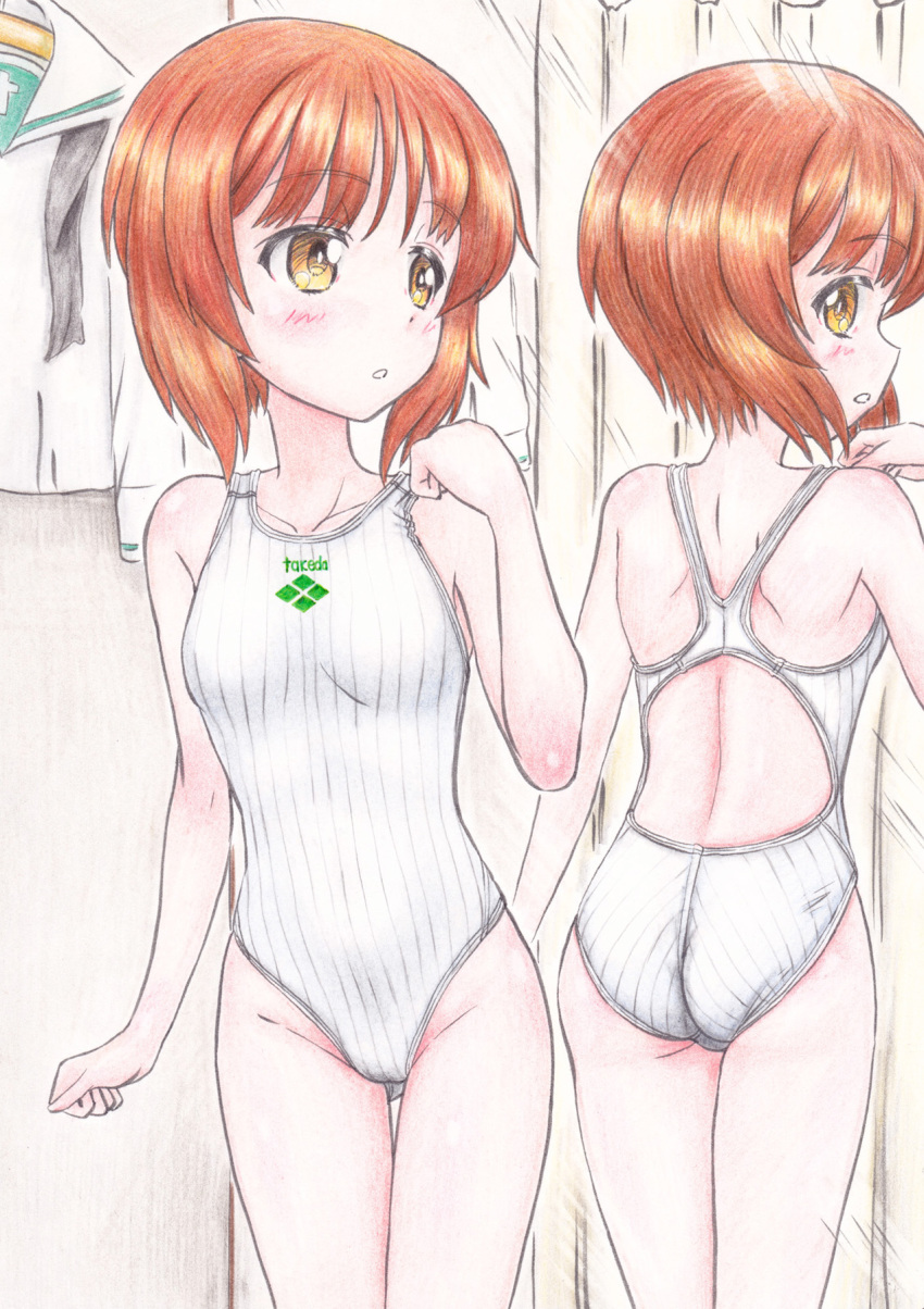 10s, 1girl, ass, black_neckerchief, blush, breasts, collarbone, competition_swimsuit, girls_und_panzer, hidaka_medaka, highres, looking_back, mirror, neckerchief, nishizumi_miho, one-piece_swimsuit, parted_lips, red_hair, reflction, school_uniform, shirt, unworn_shirt, short_hair, small_breasts, swimsuit, teeth, white_one-piece_swimsuit, white_shirt, yellow_eyes