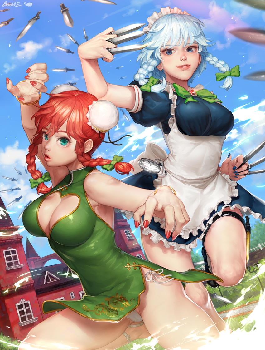 2girls, alternate_costume, alternate_hairstyle, apron, aqua_eyes, aqua_hair, bad_id, bad_pixiv_id