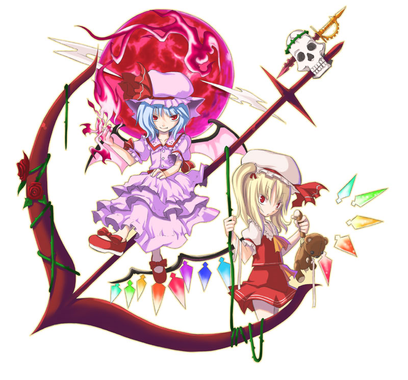 2girls, bad_id, bad_pixiv_id, blonde_hair, blue_hair, female_focus, flandre_scarlet, hat