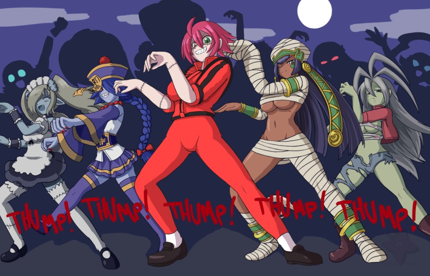 5girls, ahoge, beads, black_hair, blue_hair, blue_skin, boots, braid, breasts, cici_(monster_musume), closed_eyes, colored_skin, crossover, dancing, dark-skinned_female, dark_skin, disgaea, early_zombie, elm_l_renegade, embalming_(the_another_tale_of_frankenstein), fang, fujimi_yomi, green_eyes, green_skin, grey_hair, grin, hat, heterochromia, hitomi_sensei_no_hokenshitsu, jiangshi, jiangshi_(monster_musume), kama_(kurobina_yuki), large_breasts, hsien-ko, long_hair, maid, maid_(disgaea), makai_senki_disgaea_5, miyako_yoshika, monster_girl, monster_musume_no_iru_nichijou, multiple_girls, mummy, mummy_(monster_musume), nail_polish, navel, ofuda, one_eye_closed, pants, parody, pointy_ears, prayer_beads, red_eyes, red_hair, red_nails, sanka_rea, sankarea, sharp_teeth, shiishii, shirt, shoes, silhouette, single_braid, skirt, smile, stitches, teeth, thighhighs, thriller_(michael_jackson), torn_clothes, torn_pants, torn_shirt, touhou, trait_connection, twintails, underboob, darkstalkers, very_long_hair, wrist_cuffs, yellow_eyes, zettai_ryouiki, zombie, zombina_(monster_musume)