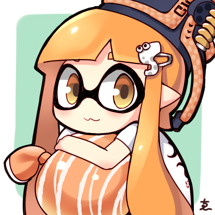 1girl, :3, bad_id, bad_pixiv_id, blush, bucket, bucket_on_head, chibi, end_tieno, female_focus, helmet, inkling, inkling_girl, inkling_player_character, matching_hair/eyes, nintendo, object_on_head, orange_eyes, orange_hair, solo, splatoon_(series), splatoon_1, water_balloon