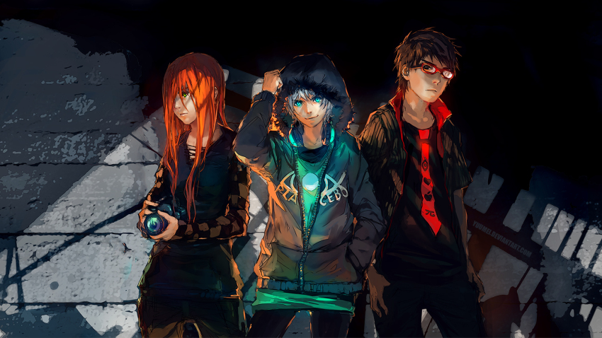 1girl, 2boys, black_hair, blue_eyes, camera, fisheye_placebo, frey_(fisheye_placebo), glasses