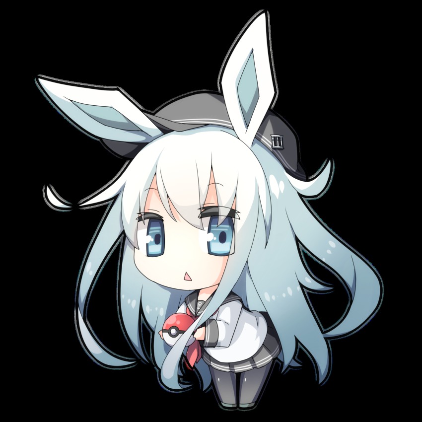 10s, 1girl, :<, animal_ears, blue_eyes, cosplay, end_tieno, full_body, gen_4_pokemon, glaceon, glaceon_(cosplay), hibiki_(kancolle), highres, kantai_collection, long_hair, looking_at_viewer, nintendo, pantyhose, poke_ball, pokemon, rabbit_ears, school_uniform, serafuku, silver_hair, transparent_background, very_long_hair