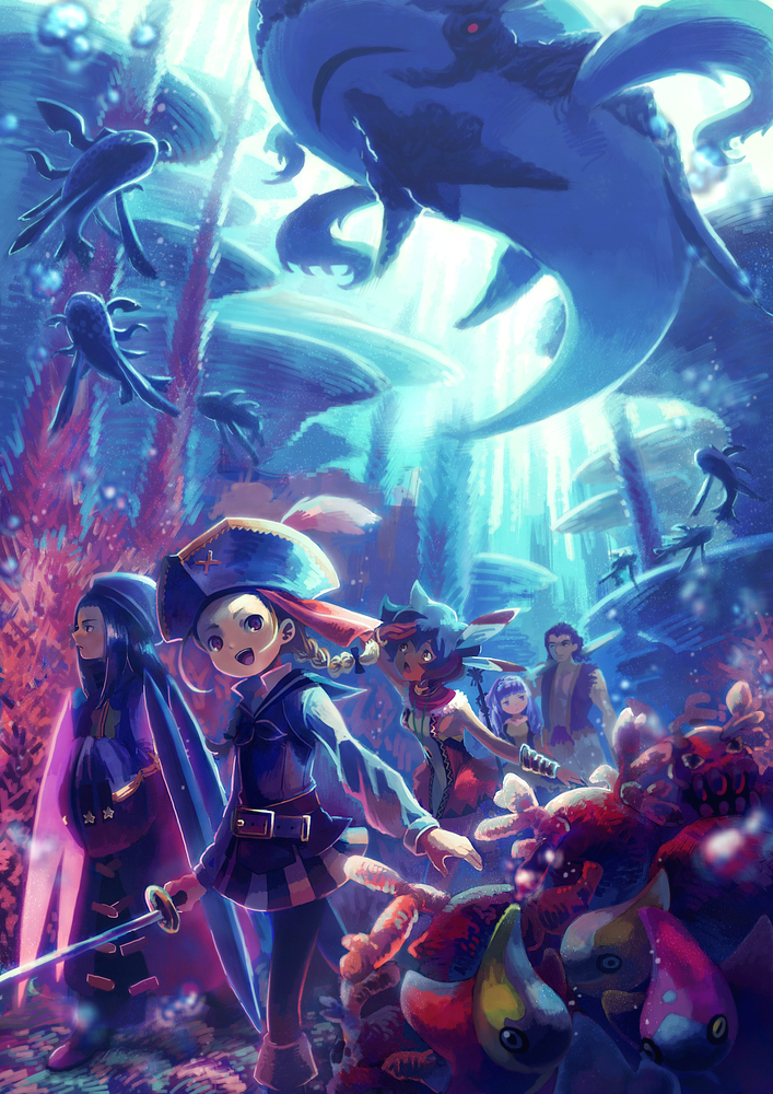 1boy, 3girls, :d, animal, bare_shoulders, beast_king_(sekaiju), beast_king_4_(sekaiju), belt