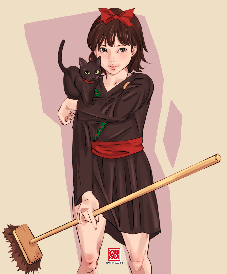 1980s_(style), 1girl, animal, black_cat, black_dress, black_hair, bow, broom, cat, dress, female_focus, jiji_(majo_no_takkyuubin), kiki_(majo_no_takkyuubin), looking_at_viewer, majo_no_takkyuubin, nude, oldschool, oyoyo_(yoyoichi), retro_artstyle, robe, solo