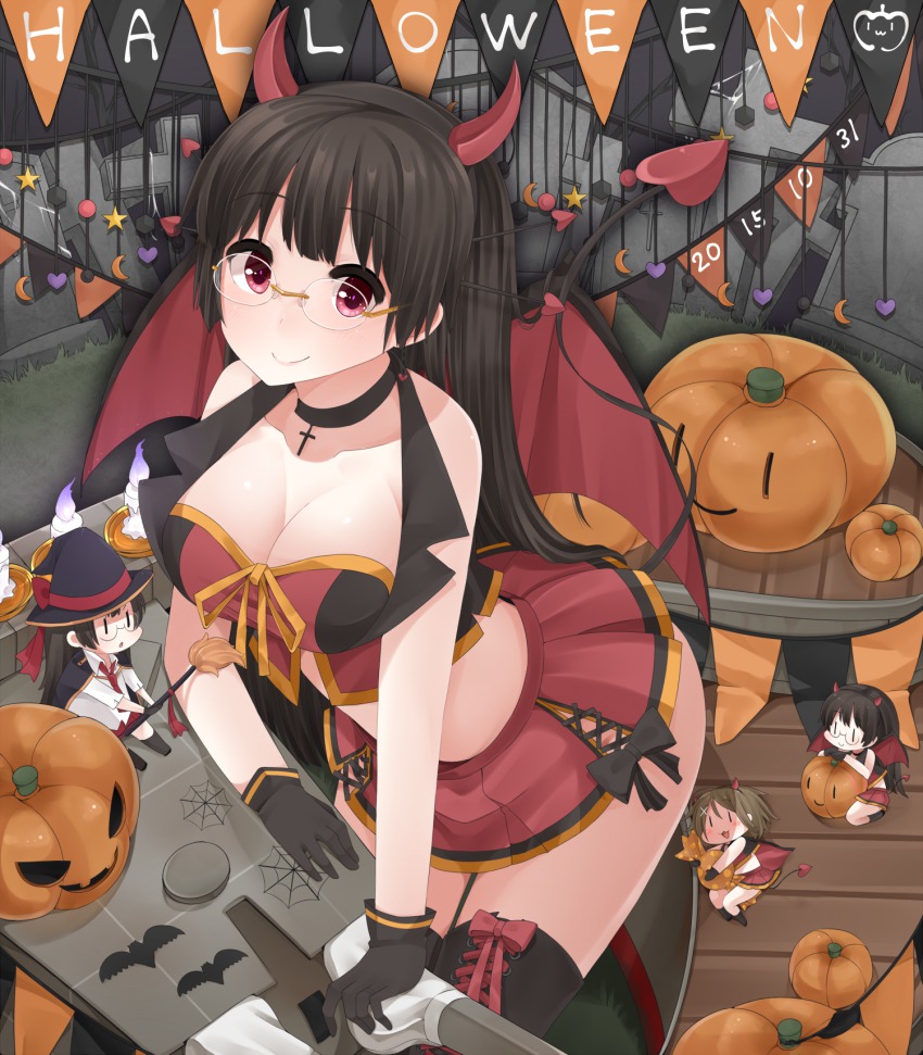 10s, 25mm_triple_autocannon_mount, 4girls, :3, bare_shoulders, bat_(animal), black_gloves, black_hair, black_legwear, breasts, broom, brown_hair, candy, choker, choukai_(kancolle), cleavage, crescent_moon, dated, demon_girl, demon_horns, demon_tail, demon_wings, fairy_(kancolle), fake_horns, fake_tail, fake_wings, food, glasses, gloves, grave, hair_ornament, halloween, halloween_costume, hat, heart, highres, horns, hugging_object, jack-o'-lantern, kantai_collection, large_breasts, long_hair, look-alike, looking_at_viewer, midriff, mini_person, minigirl, moon, multiple_girls, pleated_skirt, pumpkin, red_eyes, ribbon, rimless_eyewear, semi-rimless_eyewear, short_hair, skilled_lookouts_(kancolle), skirt, smile, spider_web_print, star_(symbol), tail, thighhighs, tombstone, under-rim_eyewear, wings, witch_hat, yukichi_(sukiyaki39), |_|