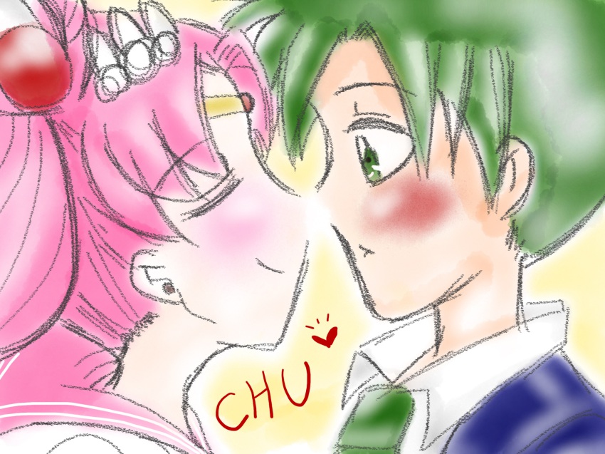 10s, 1boy, 1girl, anshar_(sailor_moon), bad_id, bad_pixiv_id, bishoujo_senshi_sailor_moon, bishoujo_senshi_sailor_moon_another_story, bishoujo_senshi_sailor_moon_crystal, bow, bowtie, chibi_usa, double_bun, earrings, green_bow, green_bowtie, green_hair, hair_bun, hair_ornament, hairpin, heart, hetero, highres, jewelry, pink_hair, tiara, twintails