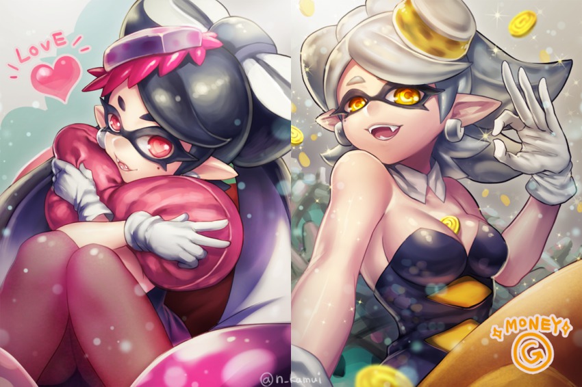 2girls, artist_name, bare_shoulders, between_breasts, black_hair, breasts, callie_(splatoon), callie_(squid_sisters_outfit)_(splatoon)