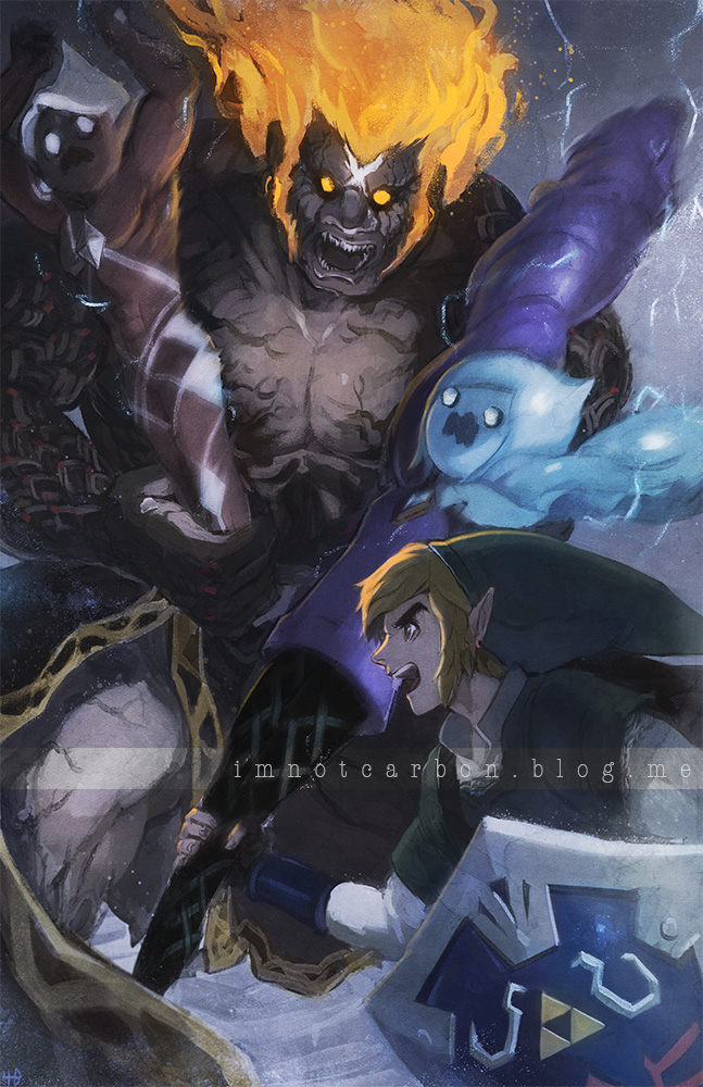 battle, biahnyang, colored_skin, demise_(zelda), fi_(zelda), flaming_hair, ghirahim, grey_skin