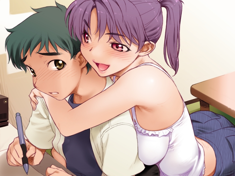 1boy, 1girl, :d, arched_back, arm_around_neck, armpits, bare_shoulders, bedroom, blush, breast_press, breasts, breasts_on_another's_back, brown_eyes, camisole, clenched_teeth, denim, desk, drawing_(action), embarrassed, eye_contact, frills, from_side, front_to_back, furuhashi_chinatsu, game_cg, green_hair, hetero, holding, hug, hug_from_behind, indoors, jeans, kiriyama_taichi, lace, looking_at_another, midriff, moroboshi_ryuuichi, naughty_face, nose_blush, open_clothes, open_mouth, open_shirt, pants, paper, parted_bangs, pen, pink_eyes, ponytail, purple_hair, raised_eyebrows, red_eyes, shirt, short_ponytail, short_sleeves, sitting, smile, study_distraction, sweet_home, teeth, yellow_eyes
