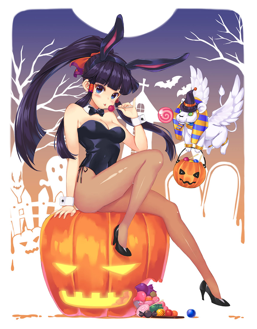 1girl, animal_ears, bare_shoulders, black_hair, blue_eyes, blush, bow, bowtie, breasts, candy, cleavage, detached_collar, fake_animal_ears, female_focus, food, full_body, halloween, jack-o'-lantern, lion, lollipop, loneteel, long_hair, looking_at_viewer, nephthys_(p&amp;d), pantyhose, playboy_bunny, ponytail, puzzle_&amp;_dragons, rabbit_ears, rabbit_tail, sitting, smile, solo, sphinx_(p&amp;d), swirl_lollipop, tail, thighhighs, tongue, tongue_out, wrist_cuffs