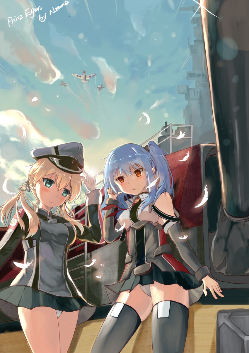 10s, 2girls, anchor_hair_ornament, bare_shoulders, blonde_hair, blue_eyes, blue_hair, breasts, detached_sleeves, gloves, hair_ornament, hat, highres, historical_name_connection, kantai_collection, kriegsmarine, long_hair, medium_breasts, microskirt, military, military_uniform, multiple_girls, name_connection, natsume-chan, open_mouth, orange_eyes, panties, pantyshot, peaked_cap, pleated_skirt, prinz_eugen_(kancolle), prinz_eugen_(warship_girls_r), ship, skirt, smile, standing, thighhighs, twintails, underwear, warship_girls_r, watercraft, white_gloves, white_panties