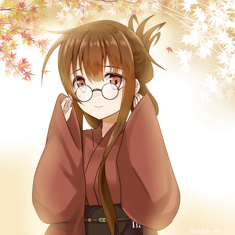 10s, 1girl, bad_id, bad_pixiv_id, bespectacled, blush, brown_eyes, brown_hair