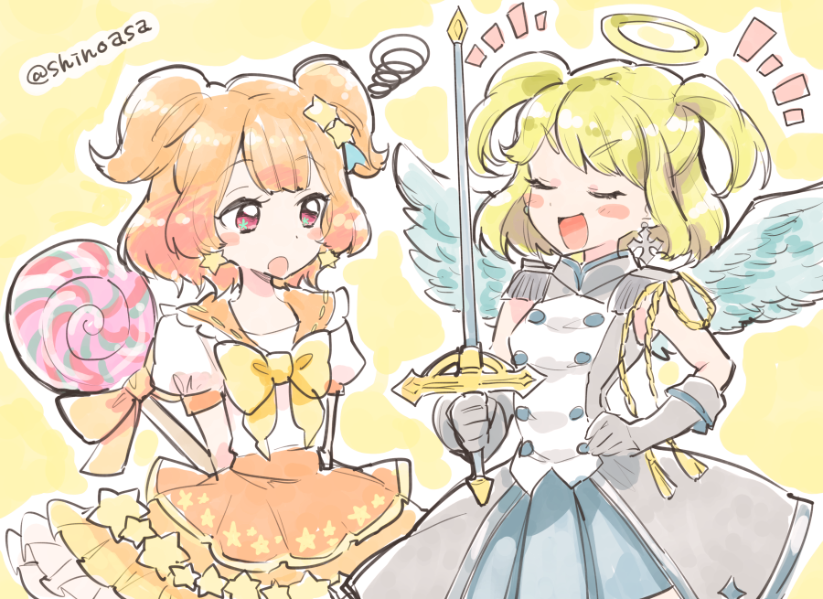 2girls, :o, blonde_hair, blue_skirt, blush, bow, brown_hair, candy