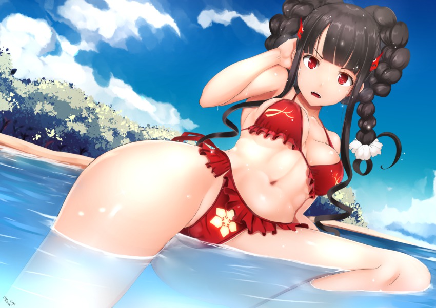 10s, 1girl, alternate_hairstyle, aoki_hagane_no_arpeggio, ashigara_(aoki_hagane_no_arpeggio), beach, bikini, black_hair, braid, breasts, cameltoe, chiyo_goya, curvy, day, fangs, female_focus, long_hair, looking_at_viewer, medium_breasts, navel, open_mouth, partially_submerged, red_eyes, solo, swimsuit, wide_hips