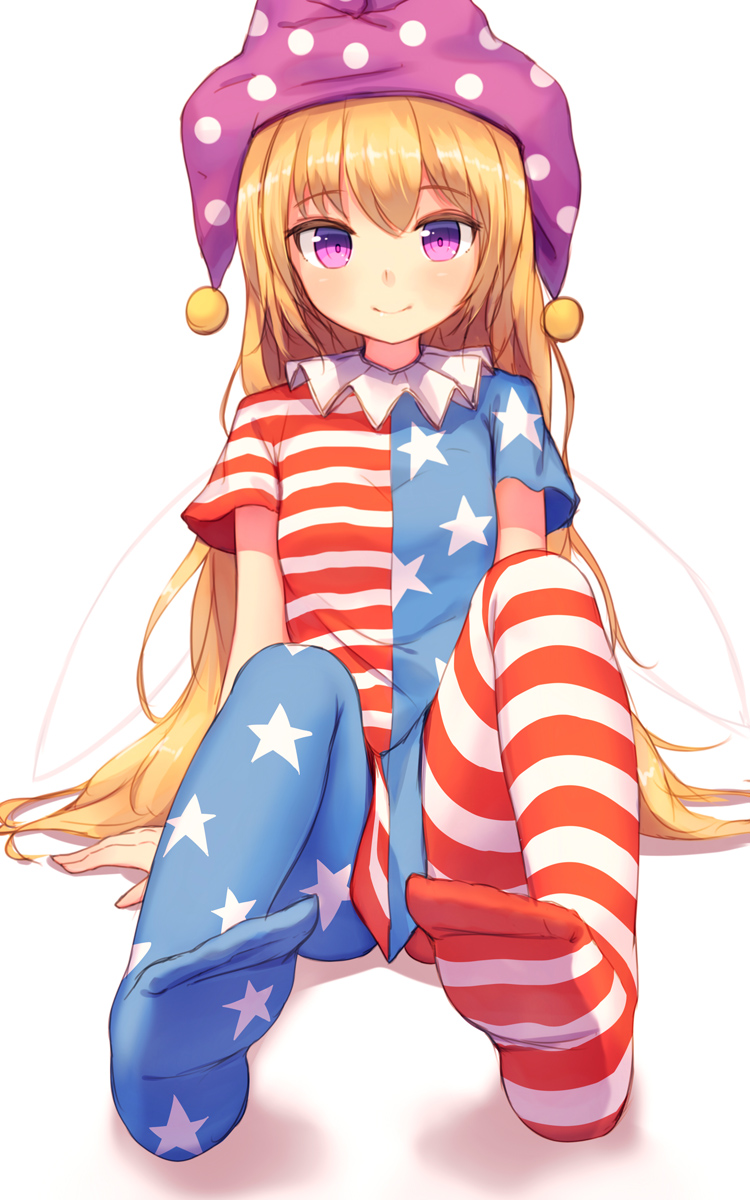 1girl, american_flag_dress, american_flag_legwear, blonde_hair, blush, clownpiece, fairy_wings, feet