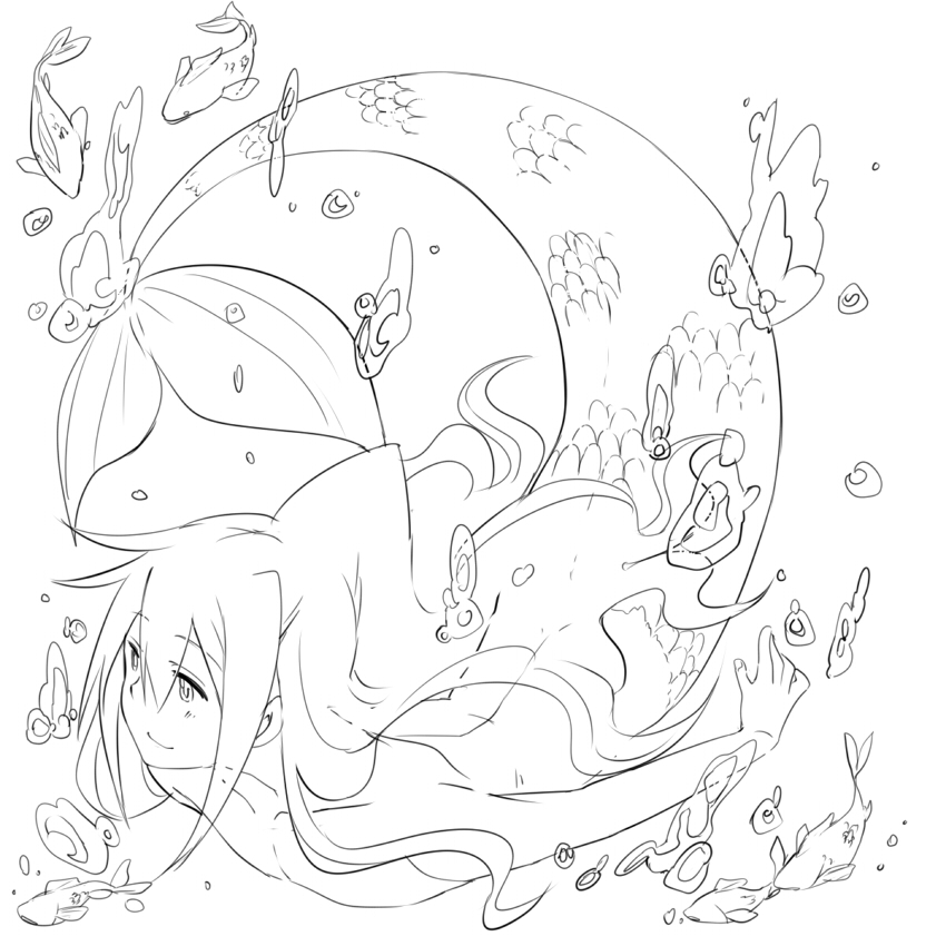 1boy, aco, bubble, fish, long_hair, male_focus, merfolk, merman