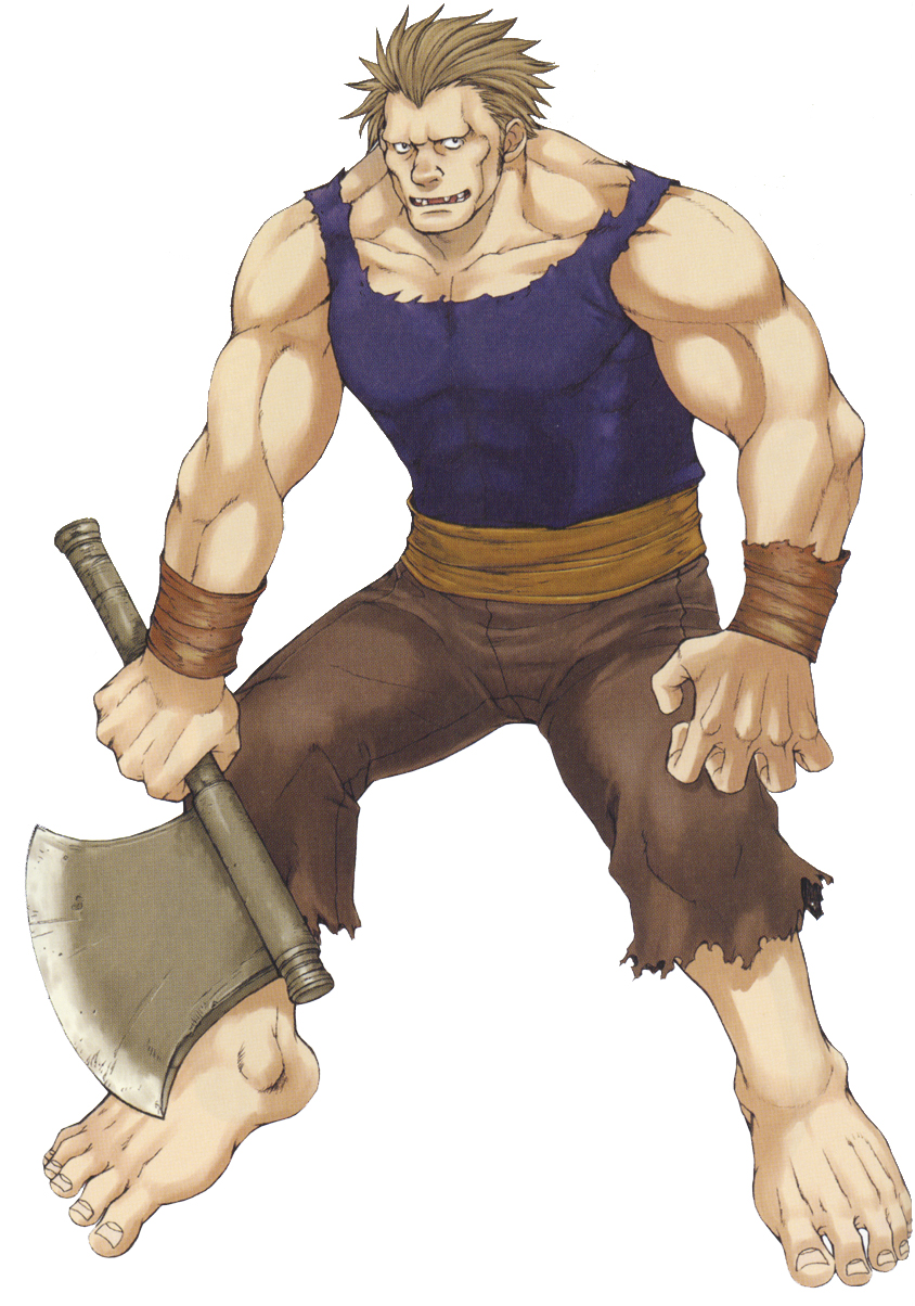 1boy, axe, barefoot, brown_hair, fire_emblem, fire_emblem:_the_binding_blade, full_body, gonzalez_(fire_emblem)