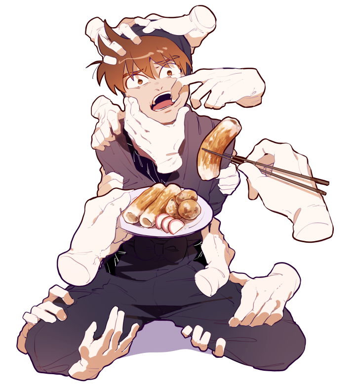 1boy, 720_72, arms_behind_back, brown_eyes, brown_hair, chikuwa, chopsticks, disembodied_hand