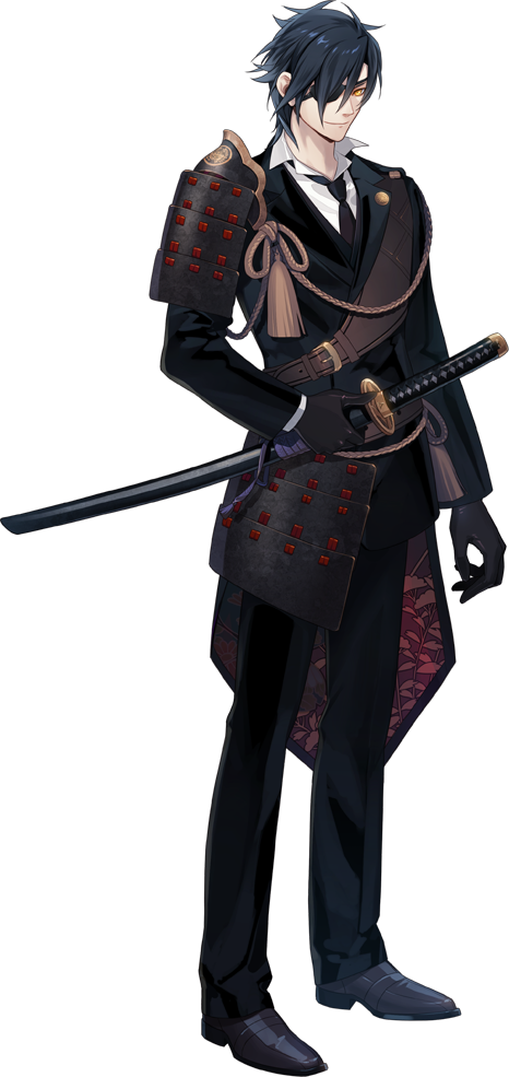 10s, 1boy, armor, black_gloves, black_hair, eyepatch, fuji_mitsuya, full_body