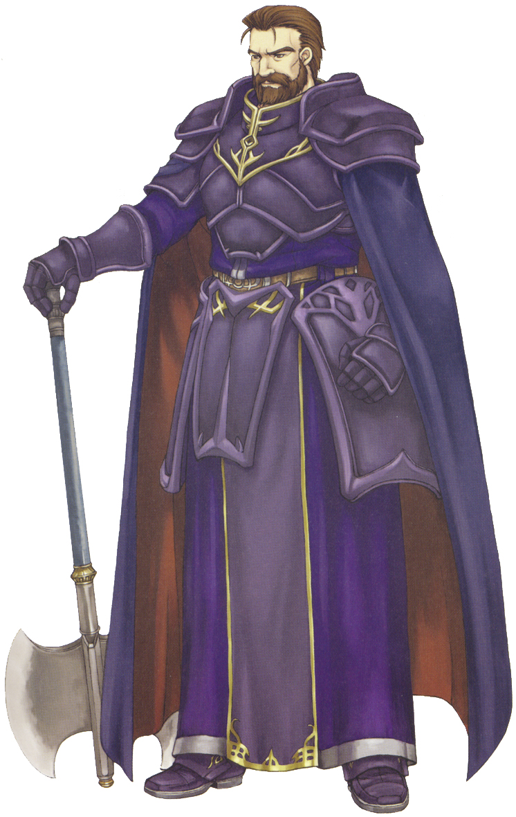 1boy, armor, axe, beard, brown_eyes, brown_hair, cape, douglas_(fire_emblem)