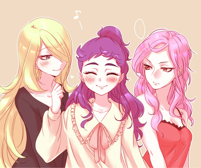 ..., 3girls, alternate_costume, blonde_hair, blush, closed_eyes, collarbone, cynthia_(pokemon)