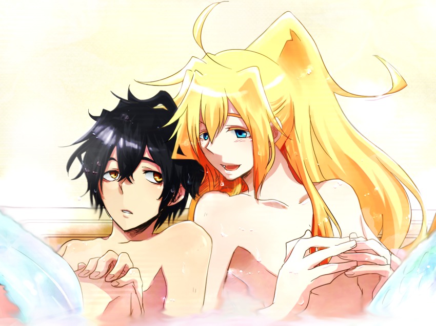 2boys, ahoge, bathtub, black_hair, blonde_hair, blue_eyes, blush, highres