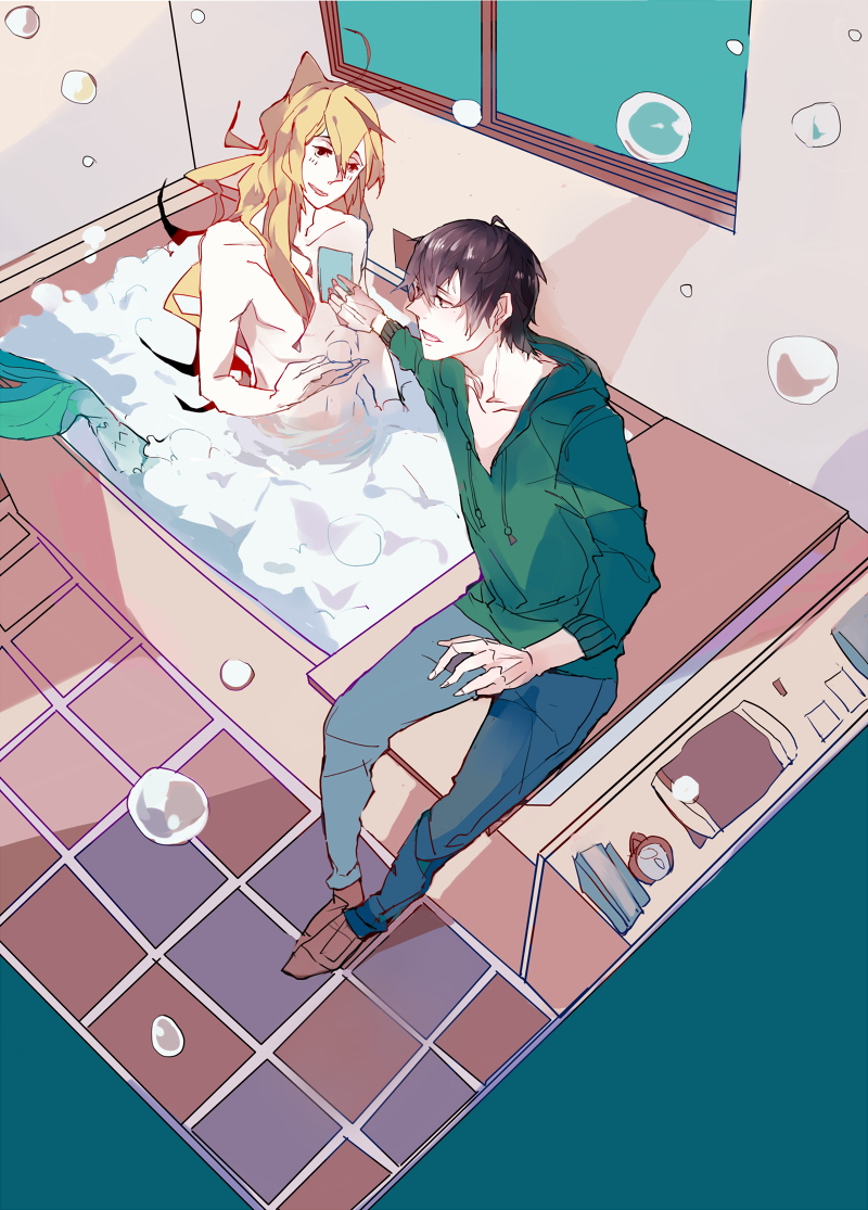 2boys, bathtub, black_hair, blonde_hair, blush, long_hair, male_focus, merfolk